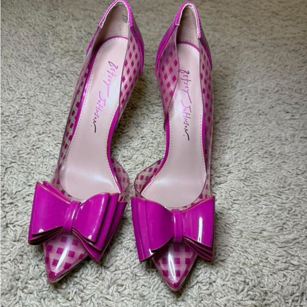 Betsey Johnson Fuchsia Checkered Pointed-Toe Bow Heels Size 7